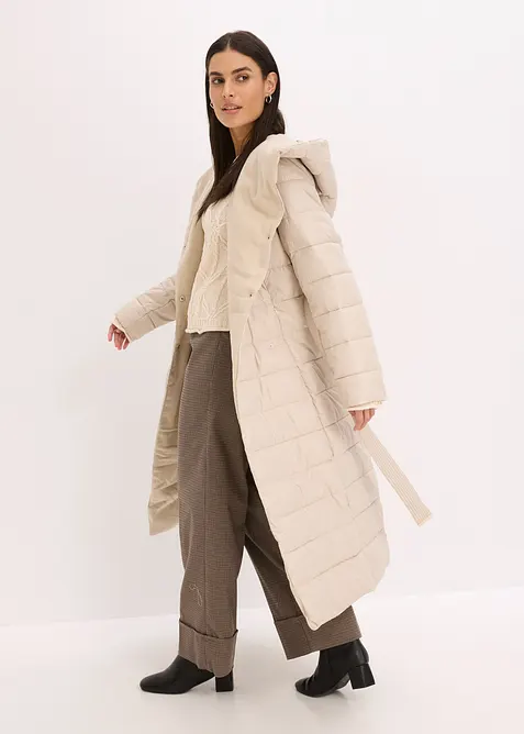 Waterafstotende lange gewatteerde jas met imitatiewolkraag en strikceintuur (2-dlg.), bonprix