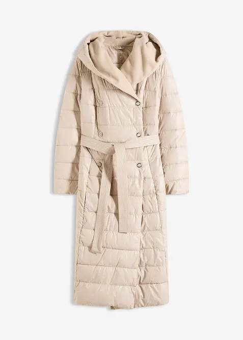 Waterafstotende lange gewatteerde jas met imitatiewolkraag en strikceintuur (2-dlg.), bonprix