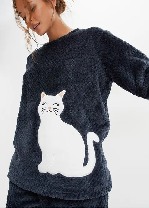 Huispak van fleece met een gebreid patroon en applicatie (2-dlg.), bonprix