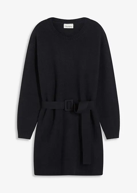 Korte gebreide jurk met zachte wol en riem, bonprix