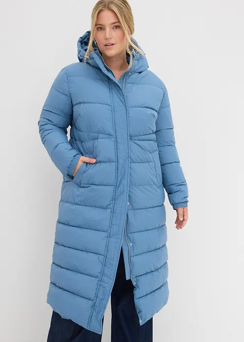 Lange, gewatteerde jas met capuchon, bonprix