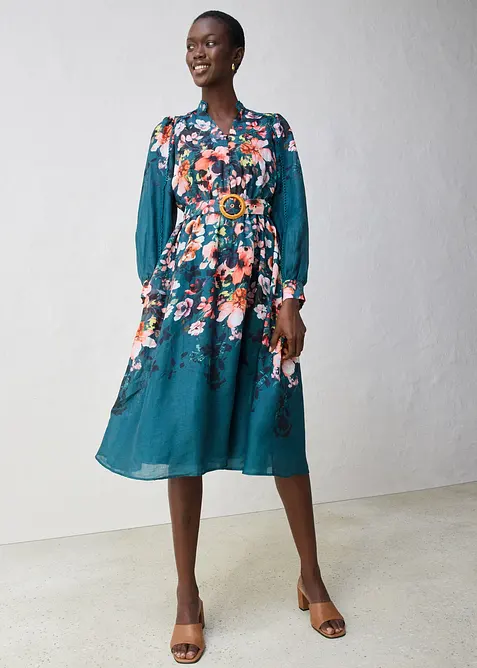 Ramie midi jurk (2-dlg. set met riem), bonprix