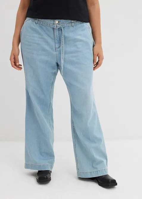 Wide leg jeans mid waist met riem, bonprix