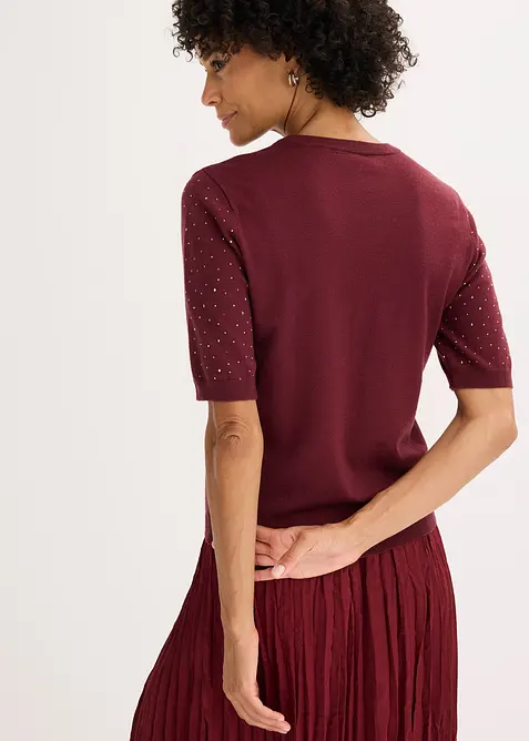 Fijngebreide trui met halflange mouwen en glittersteentjes, bonprix