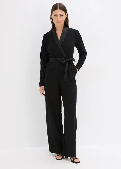 Jumpsuit van gestructureerde crêpe en satijnen inzetstuk, bonprix
