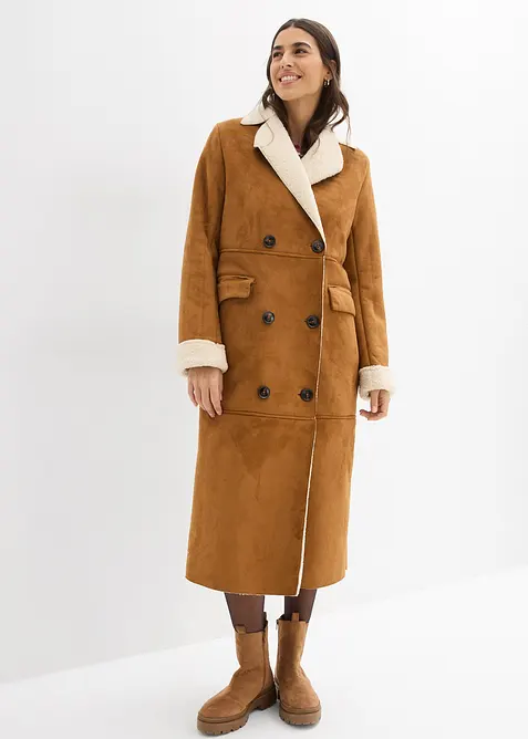 Lange imitatieleren jas met warme teddy voering, bonprix