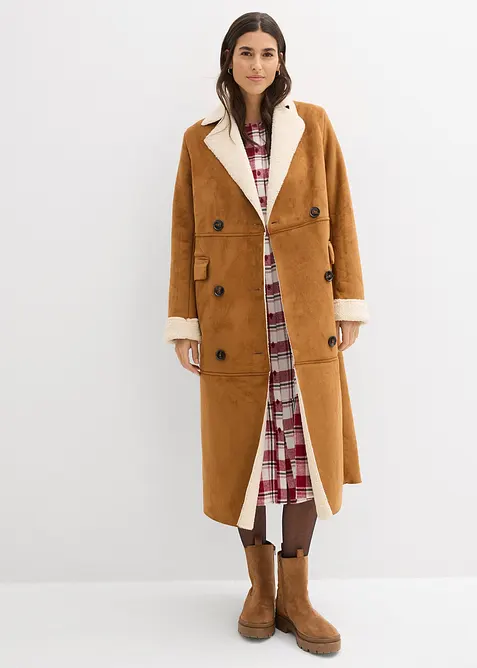 Lange imitatieleren jas met warme teddy voering, bonprix