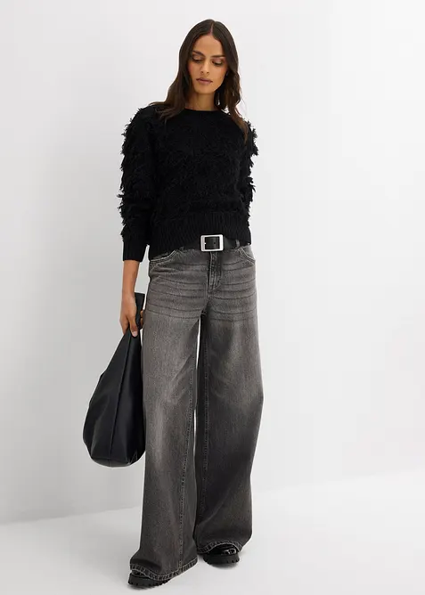 Grof gebreide trui met franjes, bonprix