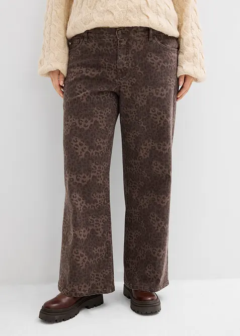 Wide leg twill broek met luipaardprint, bonprix