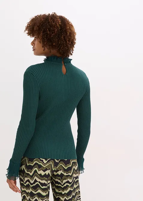 Fijn gebreide longsleeve met chiffon volants, bonprix