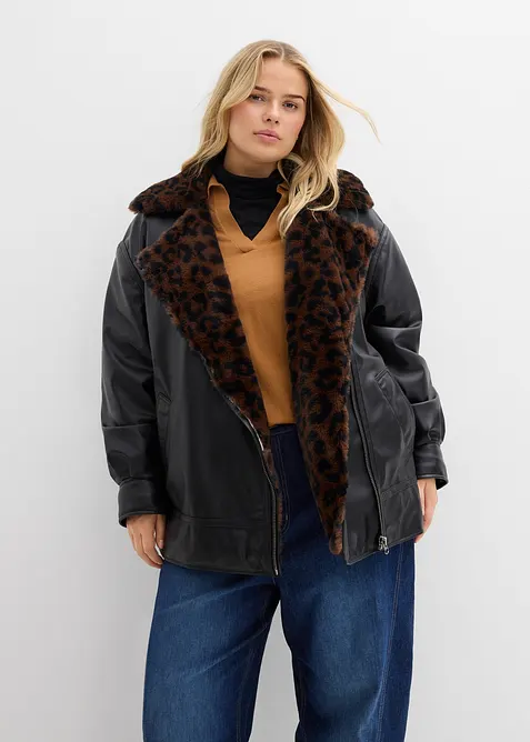 Imitatieleren jas met imitatiebont in luipaardprint, bonprix