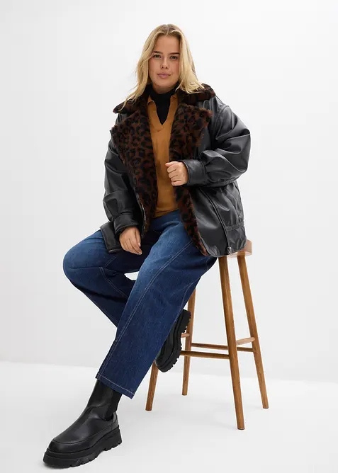 Imitatieleren jas met imitatiebont in luipaardprint, bonprix