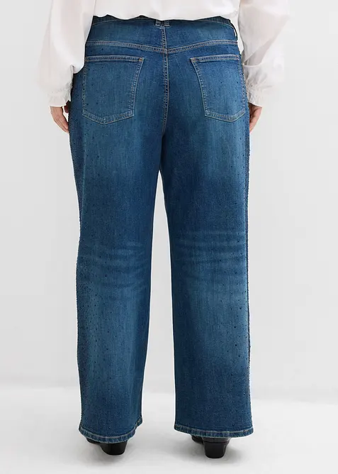 Wide leg jeans, mid waist, met glinsterende steentjes, bonprix