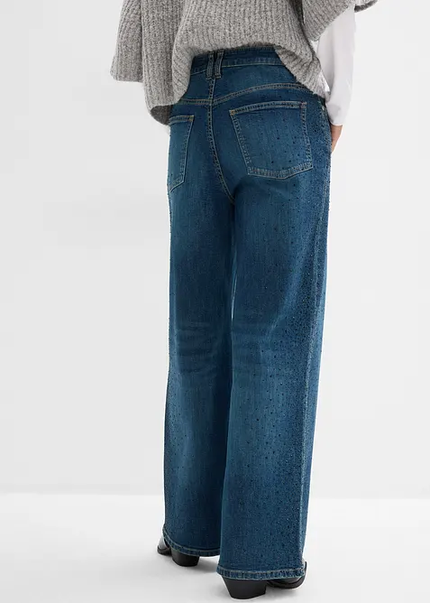 Wide leg jeans, mid waist, met glinsterende steentjes, bonprix