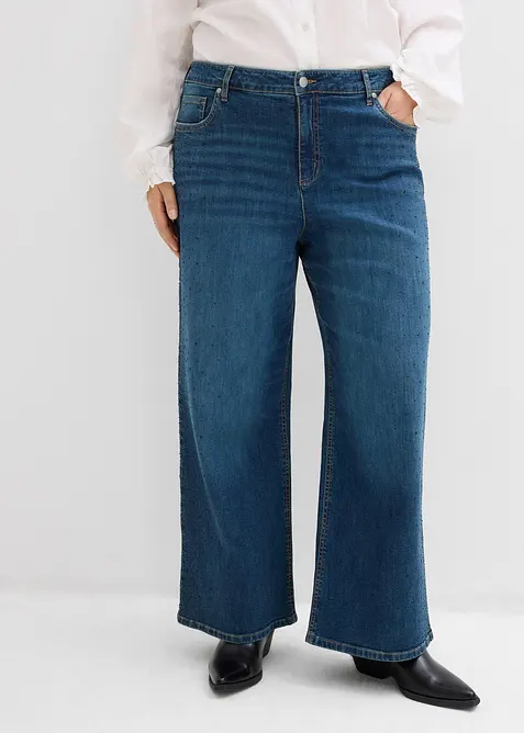 Wide leg jeans, mid waist, met glinsterende steentjes, bonprix