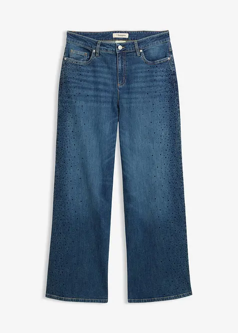 Wide leg jeans, mid waist, met glinsterende steentjes, bonprix