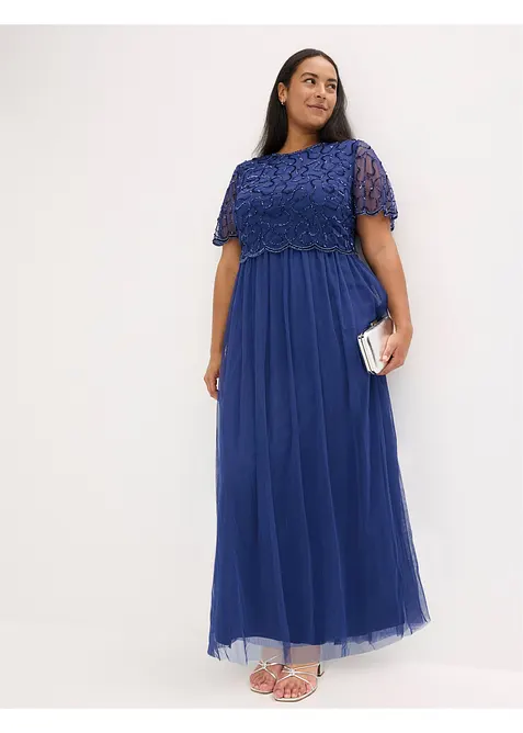 Maxi jurk van fijne tule met paillettenborduursel, bonprix