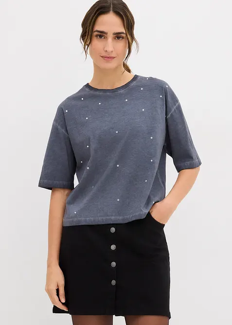 T-shirt met glittersteentjes van puur katoen, bonprix