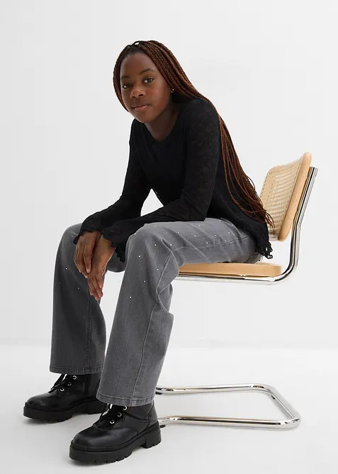 Wide leg jeans met strass, mid waist, bonprix