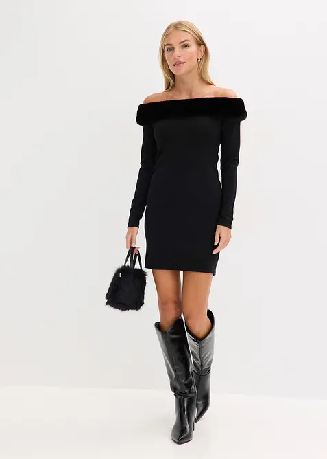 Gebreide jurk met rand van imitatiebont, bonprix