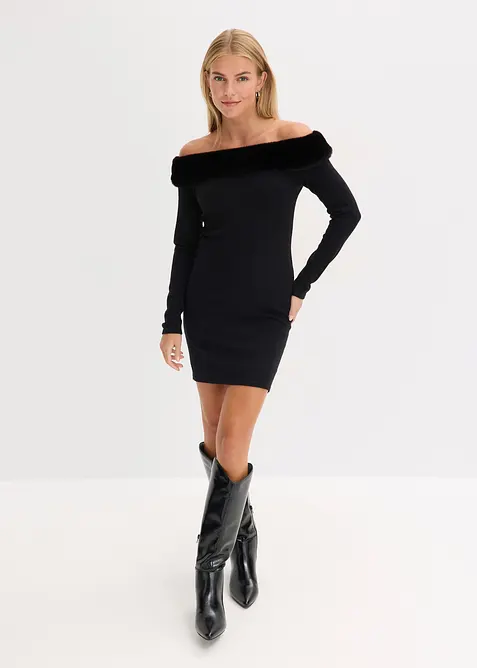 Gebreide jurk met rand van imitatiebont, bonprix