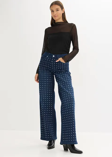 Wide leg jeans mid waist met strass, bonprix