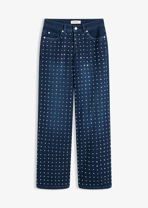 Wide leg jeans mid waist met strass, bonprix