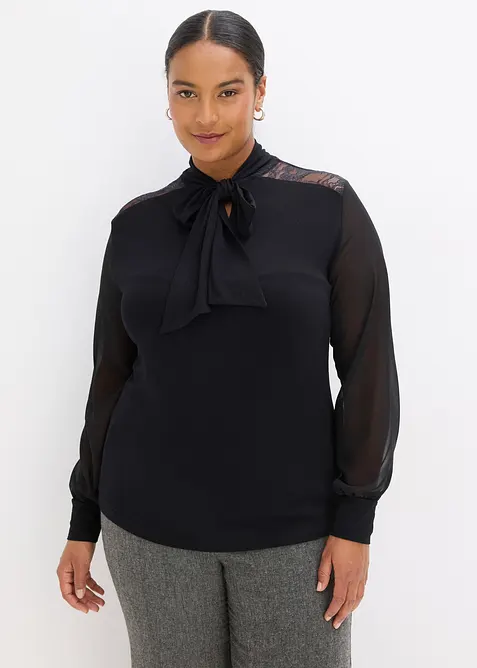 Shirt met strik en kant, bonprix