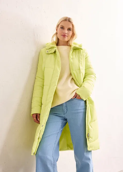 Lange gewatteerde jas met teddy voering in de capuchon, bonprix