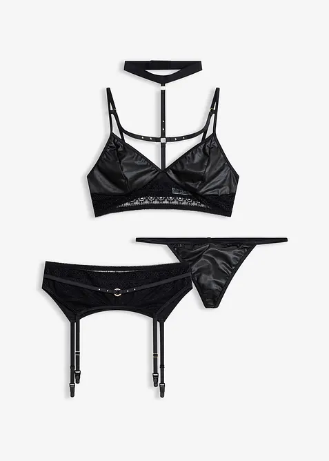 Bralette, string, jarretels in wetlook (3-dlg. set), bonprix