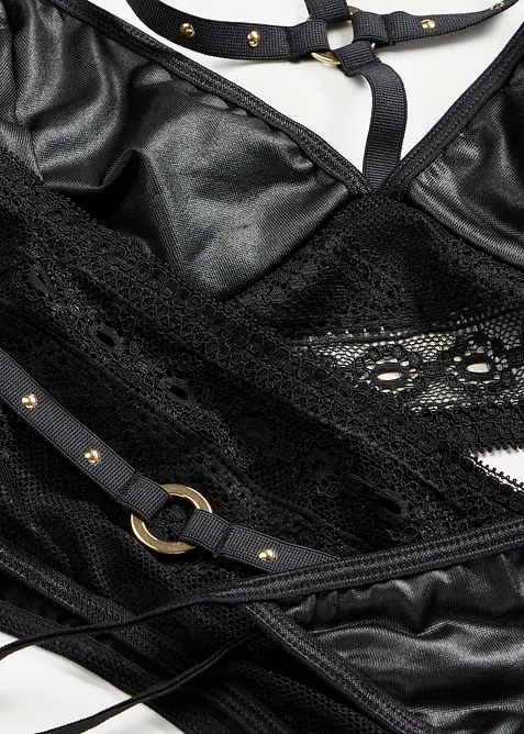 Bralette, string, jarretels in wetlook (3-dlg. set), bonprix