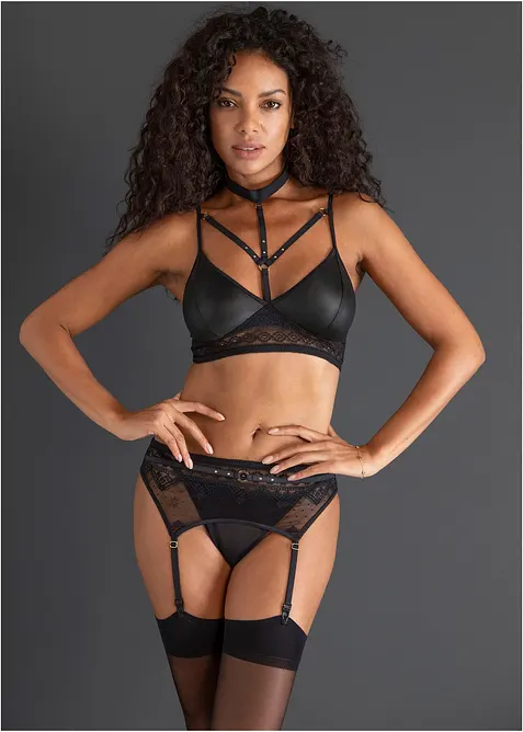 Bralette, string, jarretels in wetlook (3-dlg. set), bonprix