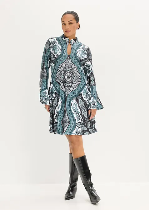 Jersey jurk met opstaande kraag en volantmouwen, bonprix