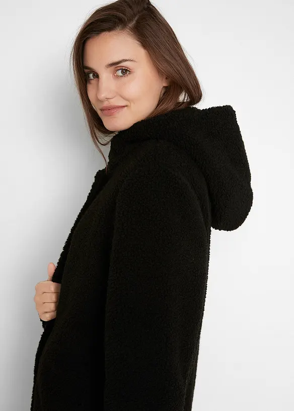 Lange teddy jas met capuchon en zakken, bonprix