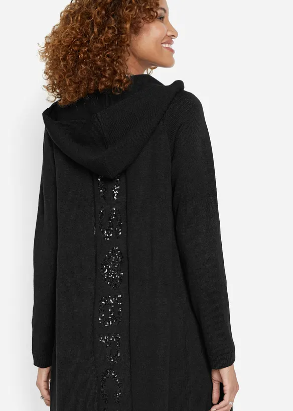Lang gebreid vest met pailletten en capuchon, bonprix