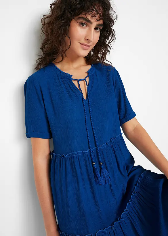 Knielange viscose crinkle jurk met strikkoordjes, bonprix