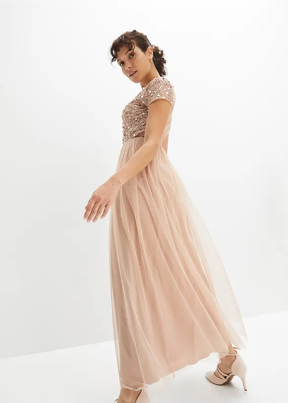 Maxi jurk met pailletten borduursel, bonprix
