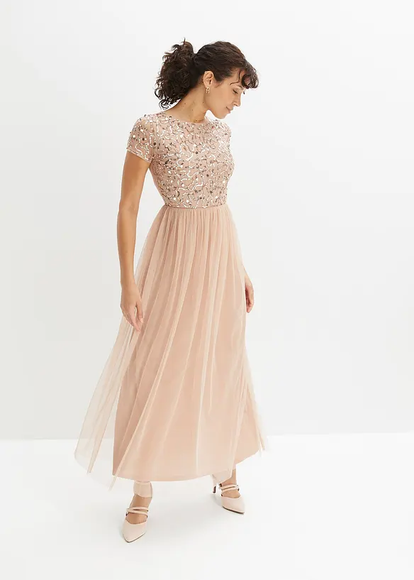 Maxi jurk met pailletten borduursel, bonprix