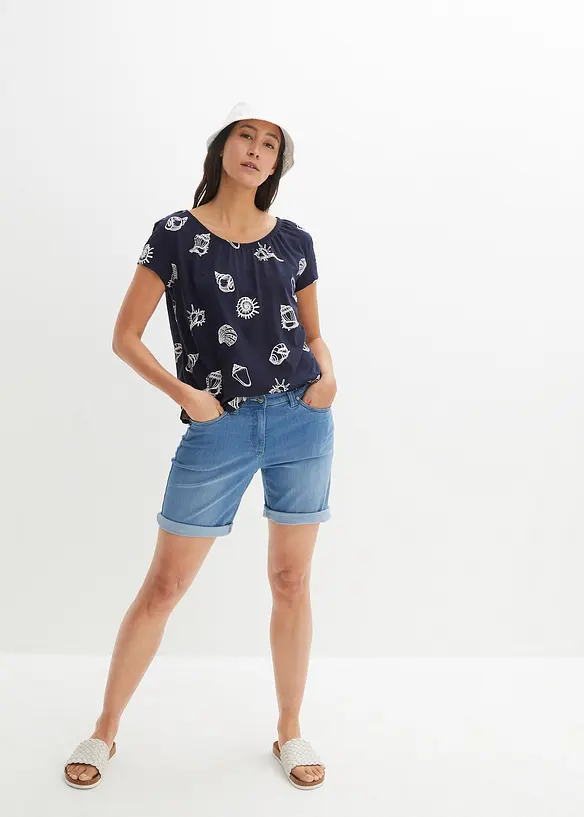 Gedessineerd carmen-shirt met ronde hals van biologisch katoen, bonprix