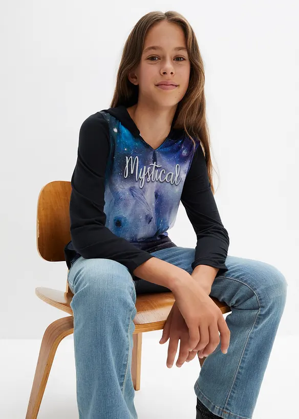 Meisjes longsleeve met capuchon en fotoprint, bonprix