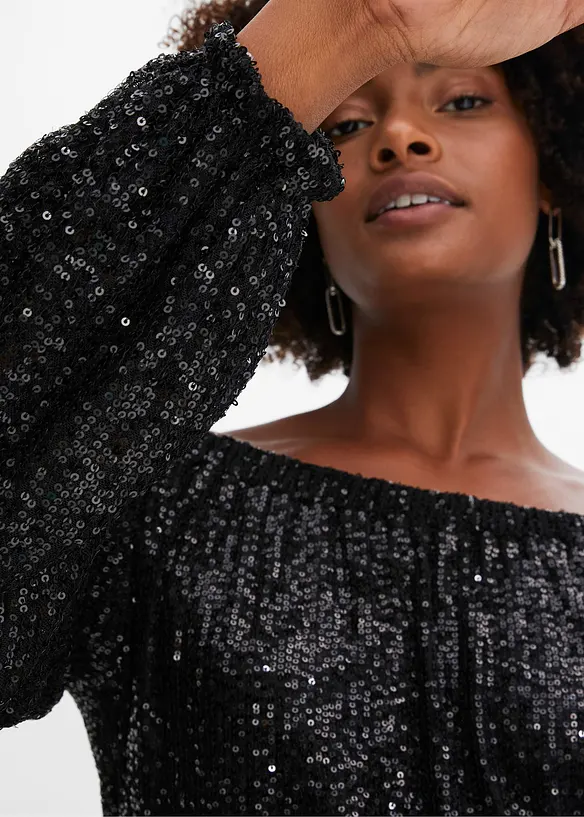 Oversized carmen-shirt met pailletten, bonprix