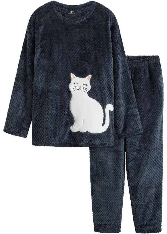 Huispak van fleece met een gebreid patroon en applicatie (2-dlg.), bonprix