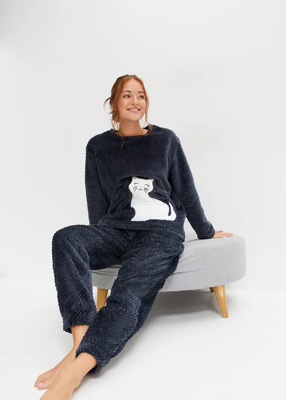 Huispak van fleece met een gebreid patroon en applicatie (2-dlg.), bonprix