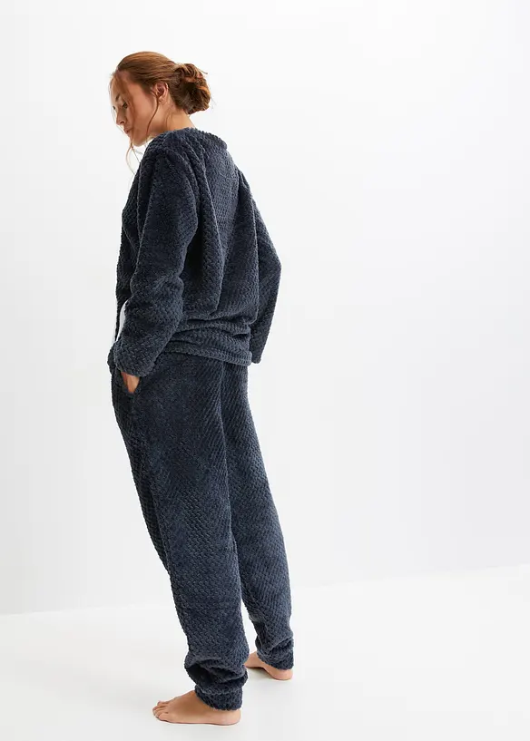 Huispak van fleece met een gebreid patroon en applicatie (2-dlg.), bonprix