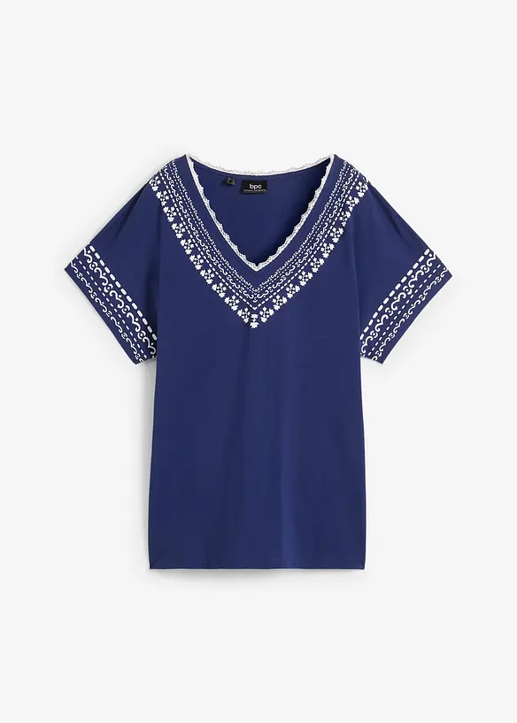 Comfortabel T-shirt met printed borduursel en biologisch katoen, bonprix