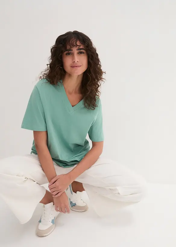 Wijd longshirt met V-hals, korte mouw  (set van 5), bonprix