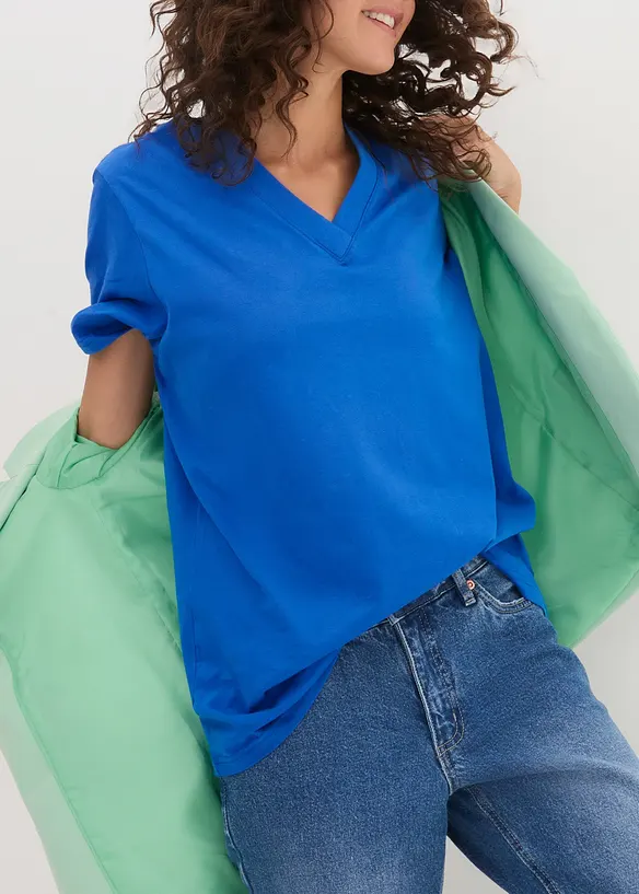 Wijd longshirt met V-hals, korte mouw  (set van 5), bonprix