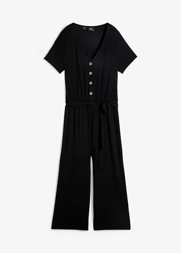 Jersey jumpsuit met V-hals, korte mouw, bonprix