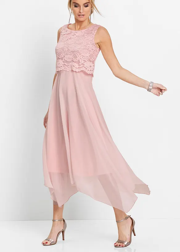 Premium chiffon midi jurk met kant, bonprix