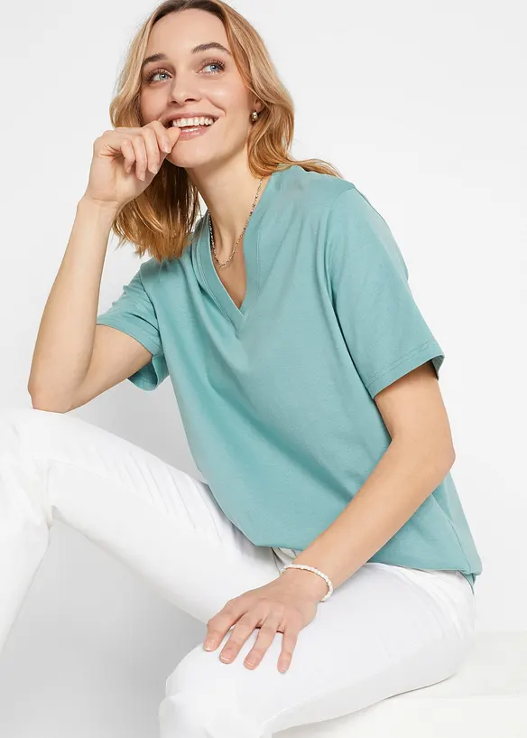 Wijd longshirt met V-hals, korte mouw  (set van 5), bonprix